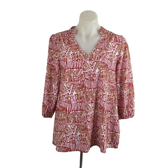Jude Connally Womens Kerry Nylon Blend Geo Print 3/4 Sleeve V-Neck Tunic Top S - Picture 1 of 9